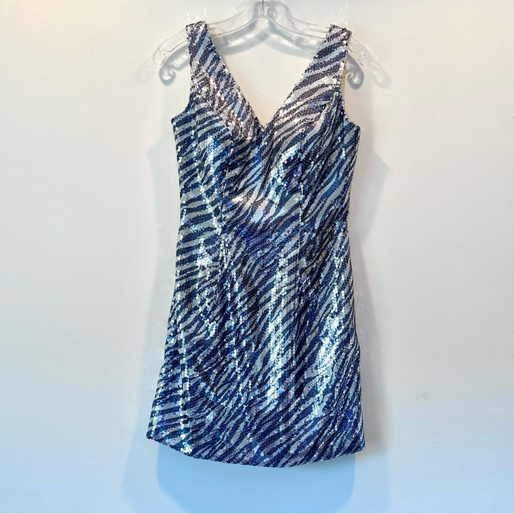 STUNNING Aspeed Blue Silver Zebra Sequin Sleeveless Mini Cocktail Dress, Size S